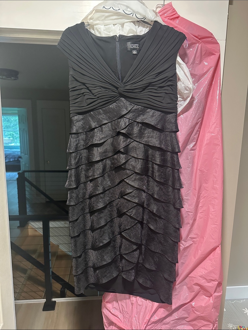 Adrianna Papell Black Metallic Ruffle Midi Dress